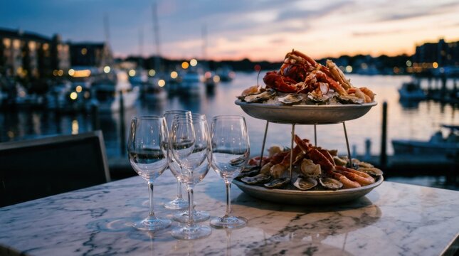 Focused empty wine glasses on a glossy marble table complement a sumptuous seafood tower with the blurred waterfront and ambient twilight colors enhancing the serene luxury