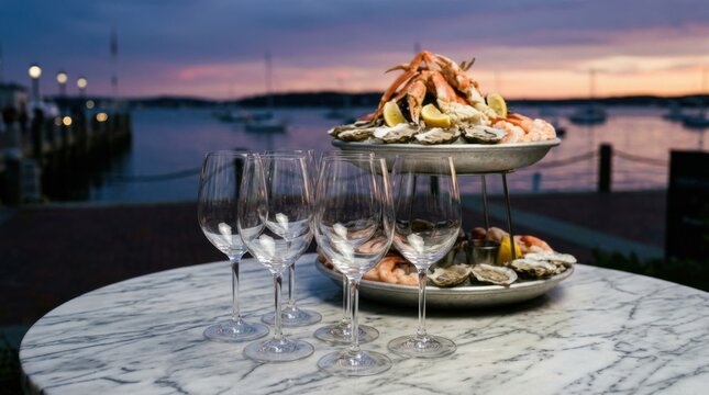 Focused empty wine glasses on a glossy marble table complement a sumptuous seafood tower with the blurred waterfront and ambient twilight colors enhancing the serene luxury