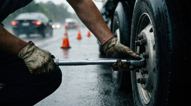 Closeup of a roadside technicians gloved hands tightening lug nuts on a semi truck tire with a torque wrench set against a rainy highway shoulder with blurred traffic and safety