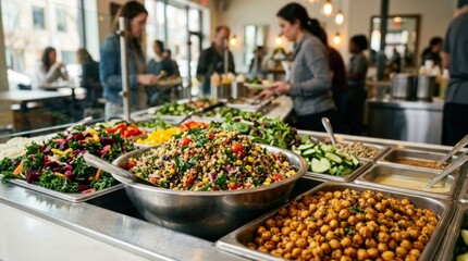 Obraz premium Medium shot of a colorful plantbased salad bar highlighting vibrant rainbow quinoa and roasted chickpeas in crisp focus with softly blurred diners and stainless steel trays in the