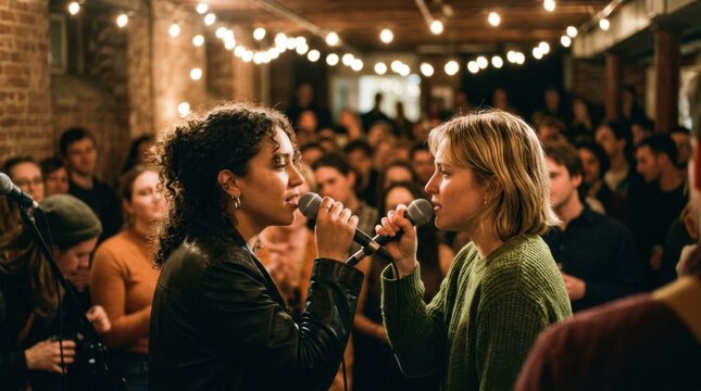 Closeup on focused female singers harmonizing in a packed basement venue glowing string lights and blurred audience enhance the candid callandresponse vibe.