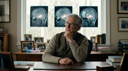 Fototapeta premium Elderly man in a quiet home office gazes thoughtfully at translucent brain scan overlays hippocampus softly glowing framed family photos and pill organizer blurred in soft window