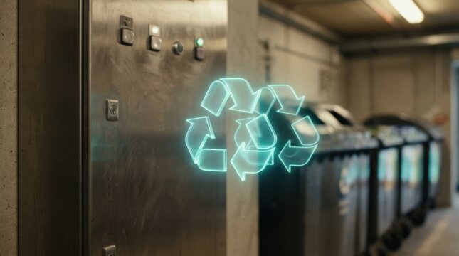 Closeup medium view focusing on futuristic 3D transparent recycling icons glowing softly beside a stainless steel trash compactor control panel in a modern utility room bins out of