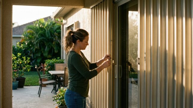 Medium shot of a homeowner securing impactresistant accordion shutters over a bright patio window sun casting warm lateafternoon light highlighting textured shutter surfaces.