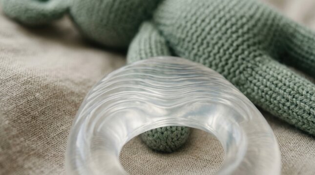 Extreme closeup of clear silicone baby teether surface with smooth ripples set against softly blurred linen fabric and plush toy in a serene nursery environment.