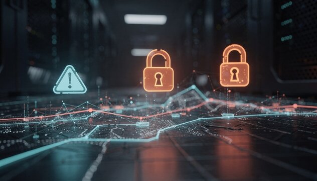 Detailed macro view of warning icons and encrypted file symbols floating above a digital downtime analytics graph with outoffocus hightech server rows faintly visible in the dark