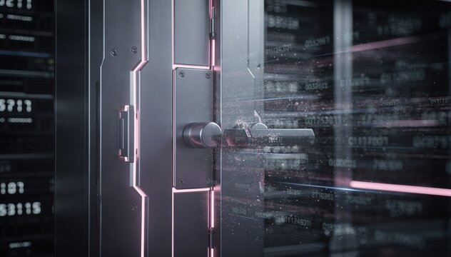 Closeup 3D render of a sleek digital bank vault unlocking within a neonlit fintech interface surrounded by blurred streams of encrypted numbers in a hightech server environment.