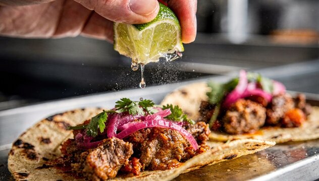 Macro closeup of a hand squeezing fresh lime over spicy street tacos with vibrant pickled onions and cilantro set against a blurred stainless steel prep counter in a sleek food