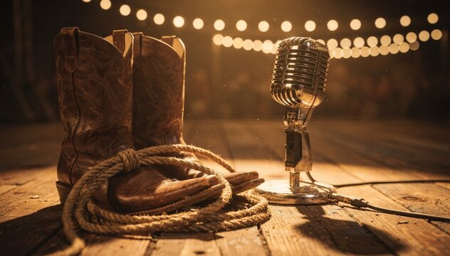 Cowboy boots and a coiled lasso rest prominently beside a vintage microphone on aged wooden stage planks bathed in warm amber spotlight with blurred background string lights.