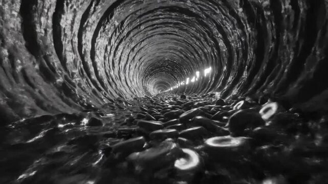 Black and white view inside a blood vessel with red blood cells moving towards the light