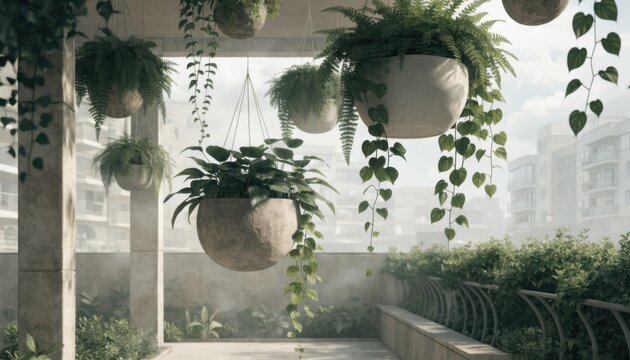 Isometric view of a serene apartment terrace with a focus on hanging plants gently swaying soft ambient lighting casting delicate shadows creating a peaceful modern outdoor
