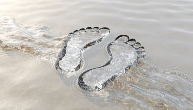 Minimalist 3D illustration of luminous footprints intersecting one fading into translucent waves the other blending into a sandy shore against a soft beige seaglass background with