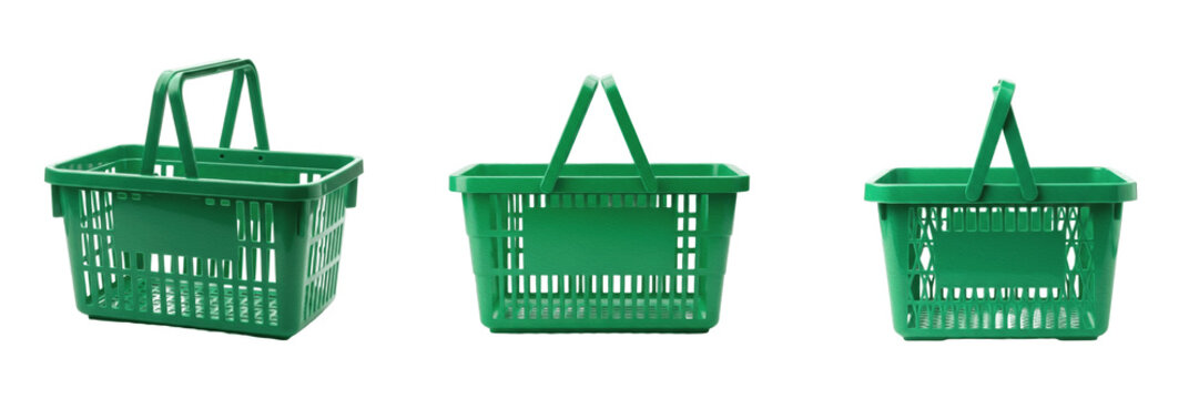 Set of Green Plastic Shopping Basket Empty Retail Grocery Isolated on White Background, PNG