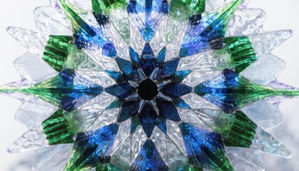 Obraz premium Closeup focus on the intricate layers of blue and green glass in a geometric stained glass panel softly illuminated in a white studio environment with blurred edges for depth.