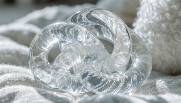Extreme closeup of clear silicone baby teether surface with smooth ripples set against softly blurred linen fabric and plush toy in a serene nursery environment.