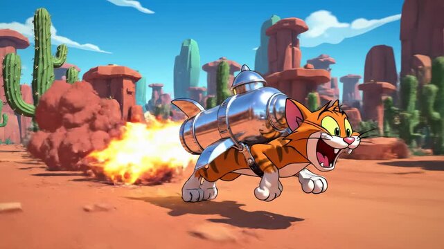 Cartoon Rocket Cat Soaring Through Desert