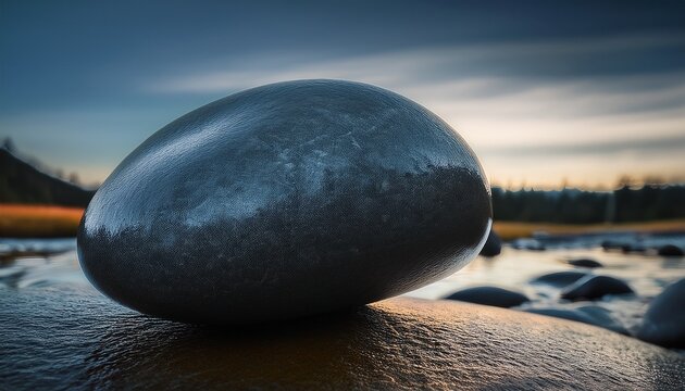 a solitary naturally smooth dark gray pebble found near a flowing water source showcasing unique geological characteristics smooth outdoor sphere