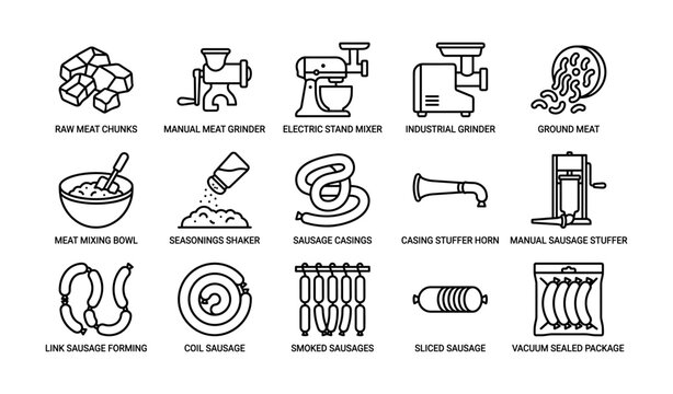 Meat processing and sausage icons displayed in grid
