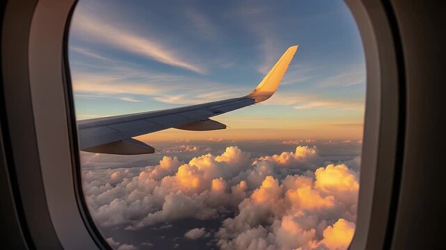 Airplane wing visible through a passenger cabin window during a beautiful golden sunset above the clouds while flying high in the sky on a commercial flight journey today
