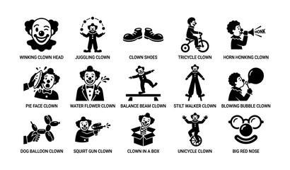 Obraz premium Clown character icons arranged in grid on white background