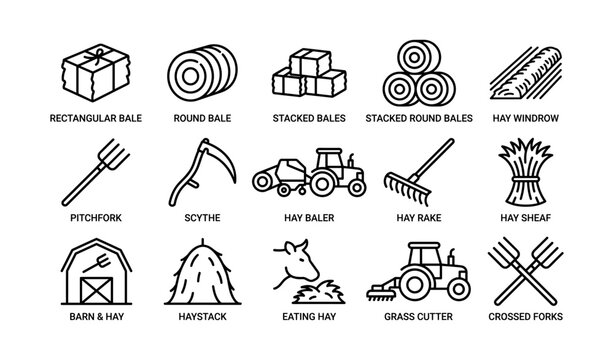 Hay and farm equipment icons arranged in grid layout