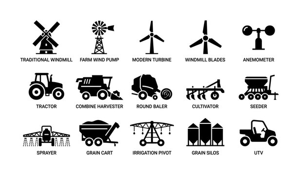 Farm machinery icons showing windmills, tractors and grain equipment
