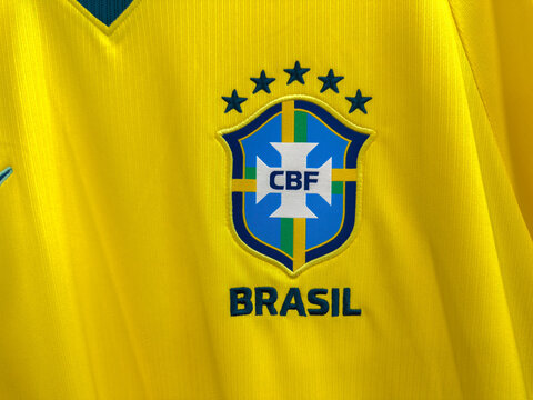 Rio de Janeiro, Brazil. May 12, 2026. Close-up of the official Brazil national football team jersey featuring the CBF crest and five stars.