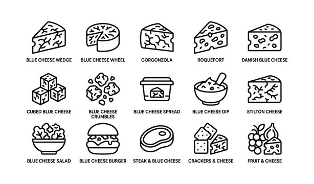 Blue cheese icons showing varieties and serving options