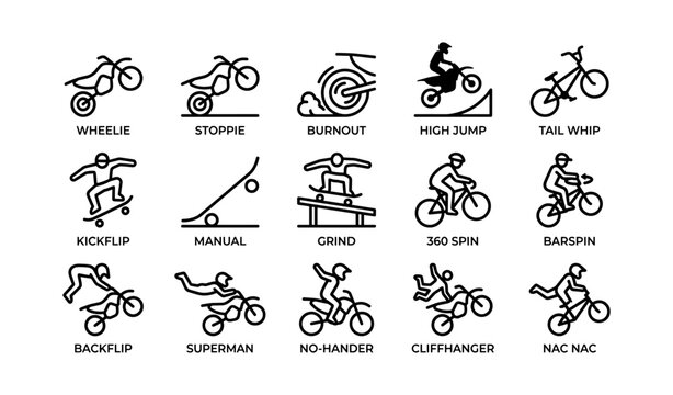 Bicycle and motorcycle stunt icons showing tricks on white background