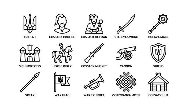 Cossack and ukrainian historical symbols icons on white background