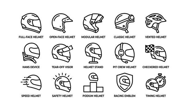Various racing and safety helmets arranged in labeled grid