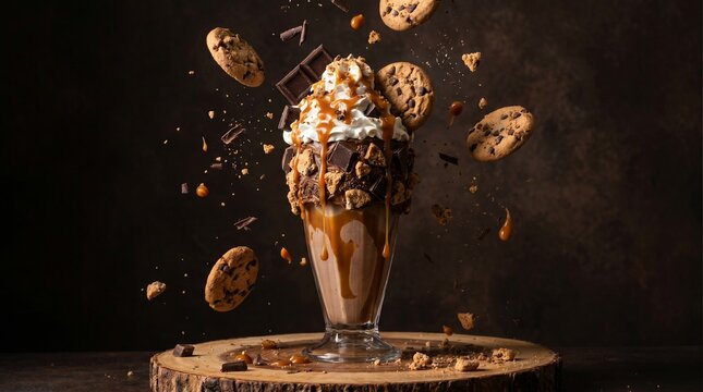 Overflowing gourmet milkshake with floating sweets and caramel drizzle, bold dessert concept for attention-grabbing visuals. Isolated on White background