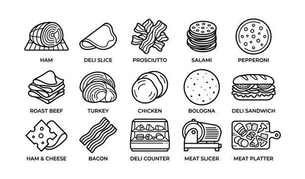 Line icons of deli meats and cold cuts arranged on white field