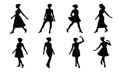 Fototapeta premium Fashion Model Silhouette Set: Stylish female walking poses in elegant vector design. woman silhouette, fashion illustration, runway model, stylish poses, female figure icons.