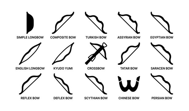 Variety of bow icons showing historical bow types on white background