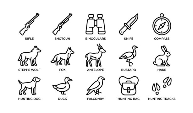 Hunting gear and wildlife icons arranged in grid layout