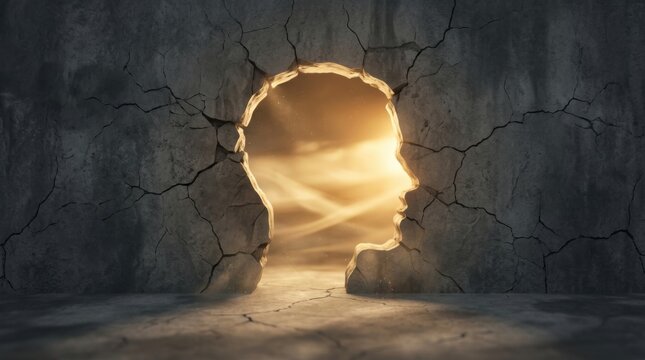 Cracked wall reveals a bright, hopeful opening shaped like a human head, symbolizing breakthrough and new perspectives.