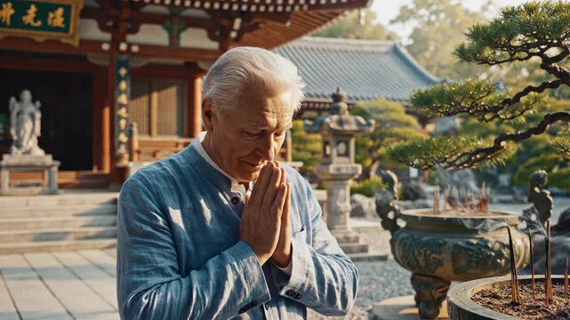 Elderly man in a light blue traditional shirt standing peacefully in a sunlit Japanese temple garden, with ornate incense burners, stone lanterns, bonsai trees and wooden pavilion