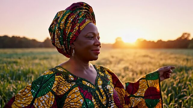 Mature woman wearing a vibrant patterned dress and matching headwrap standing peacefully in a sunlit green field at golden hour, gazing toward horizon with serene expression