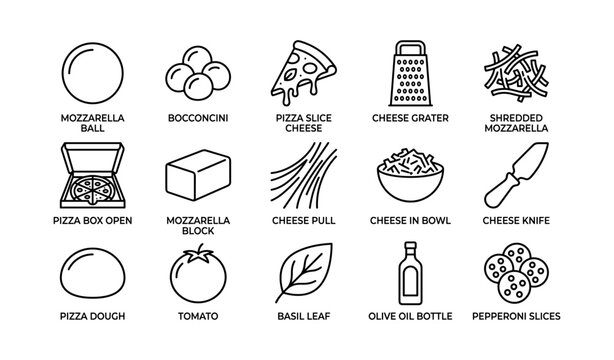 Pizza ingredient and cheese icons arranged in grid on white background