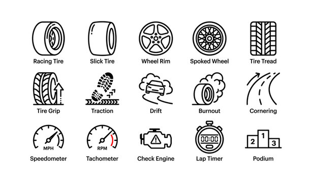 Tire and racing icons showing wheels traction and speed