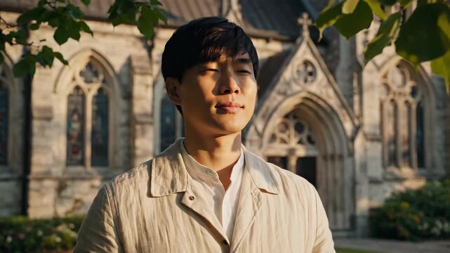 Young man standing in front of a historic Gothic church with hands clasped in prayer, eyes closed and face warmed by sunlight, a quiet moment of contemplation and serenity outdoors