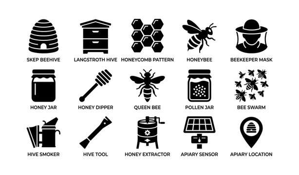 Beekeeping icons showing hive bee honey and equipment