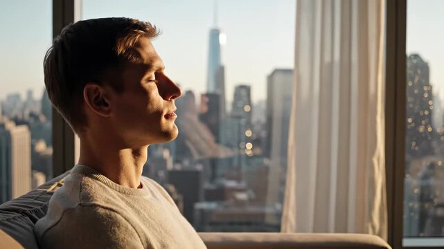 Young man seated by a high-rise apartment window, gazing across an urban skyline as warm golden-hour sunlight illuminates his profile and creates a contemplative mood.