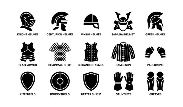 Medieval helmets armor and shield icons showing protective gear