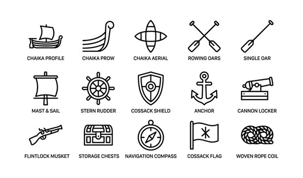 Nautical and maritime icons showing boats weapons and navigation gear