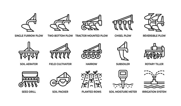 Agricultural implements icons arranged in grid on white background