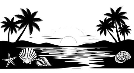 Obraz premium Tropical beach sunset silhouette with palm trees and seashells