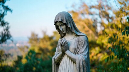 Fototapeta premium Weathered marble statue of praying woman in hillside garden