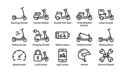 Fototapeta premium Electric scooter icons and controls arranged in labeled grid on white